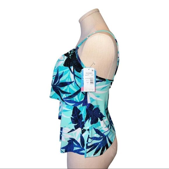 Swim Solutions Printed Triple-Tier Tankini Top Blue Multi Floral Size 8 NWT - Picture 4 of 8
